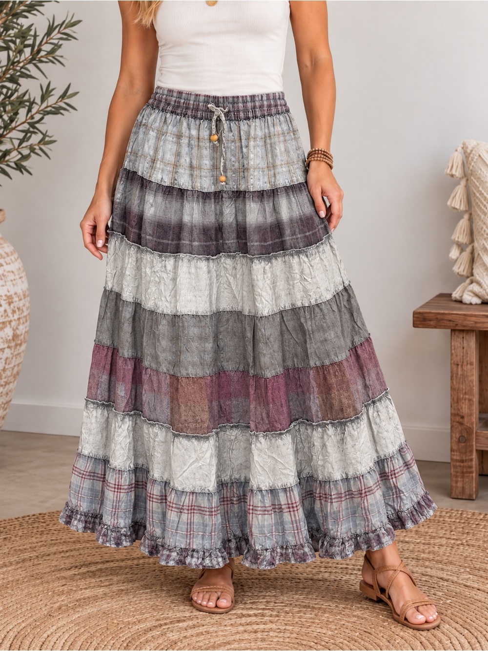 453. Women's Gray Retro Boho Tiered Skirt